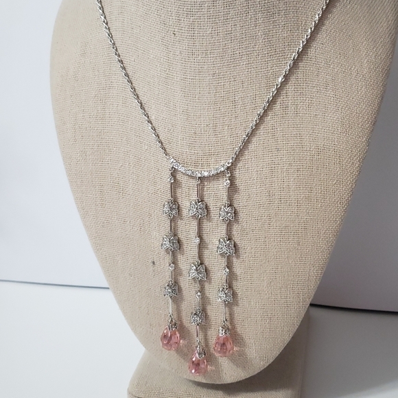 Sterling Silver Three Strand Pink Butterfly Rhinestone Necklace Made in Italy - Picture 2 of 6